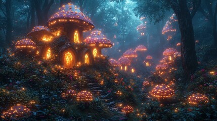 Enchanted Mushroom Village in a Glowing Forest