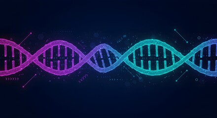 Digital dna strand structure with gradient colors from pink to blue on dark background. Scientific visualization of genetic code. Biology and biotechnology concept