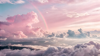 Obraz premium Sky View with Pink and White Clouds and Rainbow