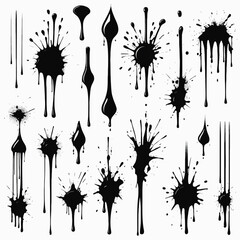 A collection of various black ink splatters and drips creating an abstract grunge design. Ideal for digital backgrounds and creative compositions.