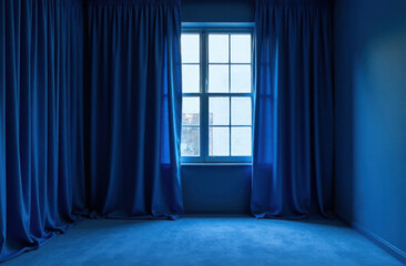 An empty room with blue curtains