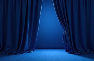 An empty room with blue curtains