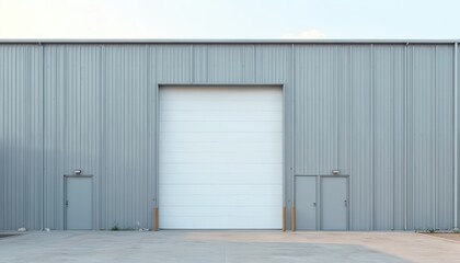 Facade of modern industrial building in minimalist style. Features blank signage area, grey concrete walls, closed door, gate. Commercial space ideal for advertisement template, urban design,