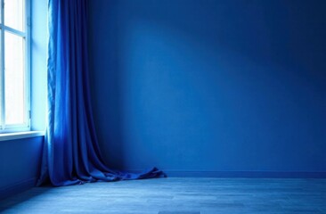 An empty room with blue curtains