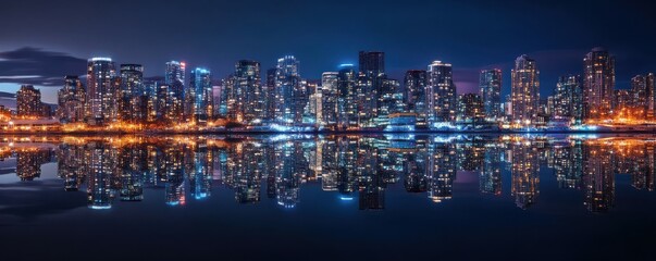 Obraz premium Vibrant night skyline reflecting on water in modern cityscape