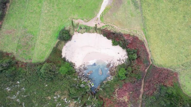 Aerial view of Gulpiyuri beach, Llanes municipality, Asturias, Spain