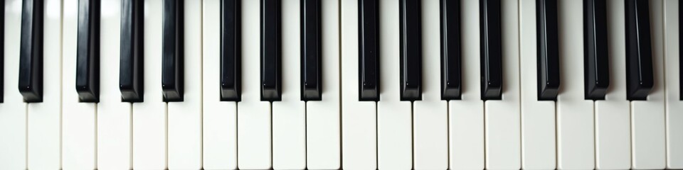 Naklejka premium Top view of piano keys, musical instrument. Black, white keys on full frame music background, classic sound production, acoustic melody performance. Keyboard wallpaper, sound recording studio