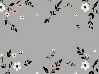 Seamless charcoal small floral elements wallpaper design with dark grey flowers and leaves on black background, leaves, flowers, floral