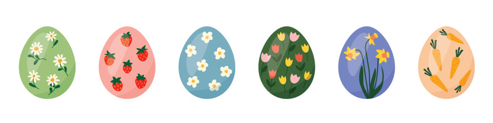set of different colorful easter eggs decorated with daisy, strawberries, tulips, daffodils and carrots - vector illustration