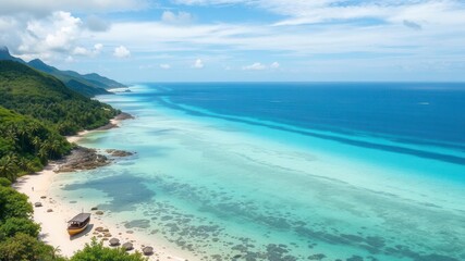 Obraz premium Spectacular view of a pristine beach with crystal clear turquoise waters and golden sand under a clear blue sky, vacation, idyllic, travel