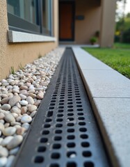 Close-up of gravel floor with french drain along house wall outside near window, door. Crushed stones, steel grate protect foundation from water, moisture. Modern building design with drainage system.