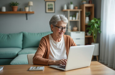 Senior caucasian woman works on laptop computer at home. She is smiling looking at the screen. Elderly woman types on keyboard, studies online. She uses internet, browsing web, remote job concept.