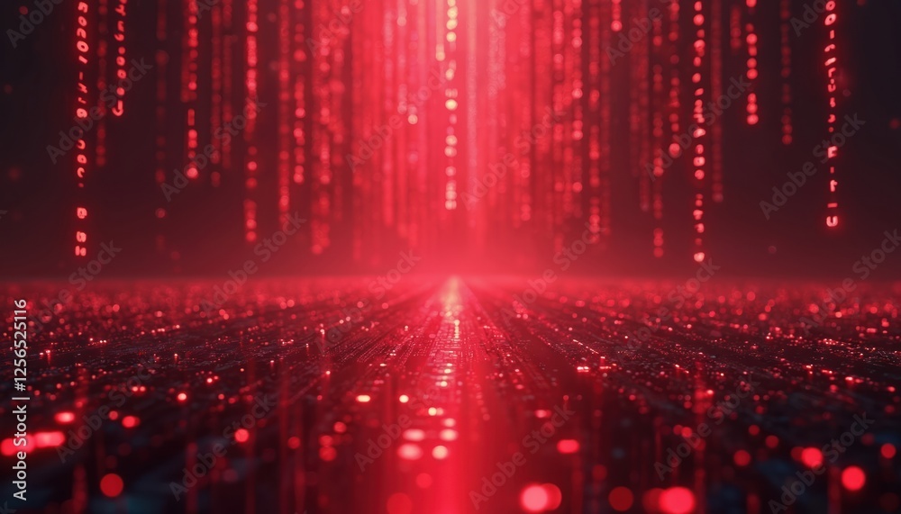Aufkleber Red glowing digital rain with binary code. Abstract tech backdrop with matrix of datum streams, futuristic pattern design, light illumination, programming. Cyber virtual space, software, display