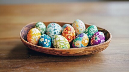 Fototapeta premium Wooden bowl holding eggs with painted wooden bowl in the background on a wooden table
