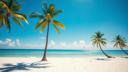 Obraz premium Gorgeous beach landscape with pristine white sand, crystal clear turquoise water, and lush green palm trees, relaxation, beach