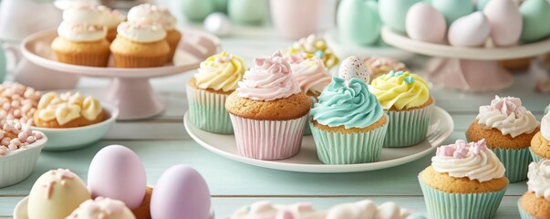 Colorful cupcakes and easter eggs on pastel dessert table