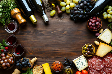 Delicious wine tasting arrangement with cheese, grapes, olives & salami. Perfect for wine tasting events, food blogs, or restaurant menus.