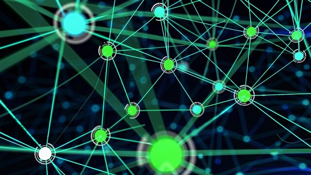 Complex network growing, creating new connections between nodes and expanding data flow with bright green and turquoise circles on a dark background