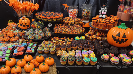 Cartoon Halloween sweets, cupcakes and lollipops, candy corns and witch finger cookies or marshmallows, vector. Halloween trick or treat skeleton skull candies or eyeball cakes and pumpkin biscuits