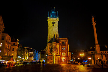 Fototapeta premium The Town Hall Tower with its astronomical clock is the symbol of Prague, and the most significant landmark in Old Town Square of Prague, Czech Republic