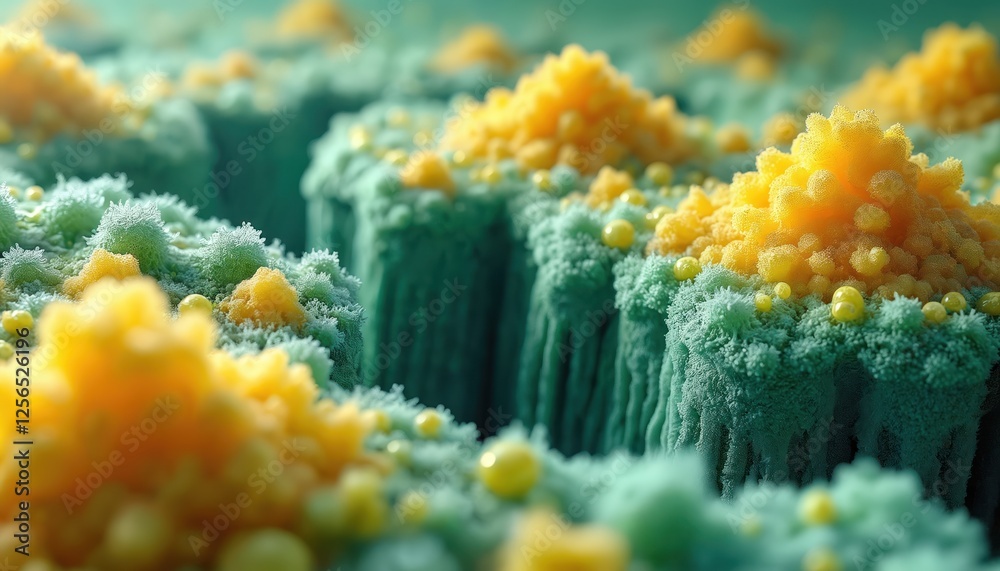 Aufkleber microscopic view of bacterial viral landscape in green, yellow. molecular abstract science backgroun