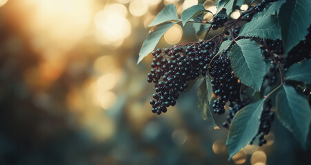 Black grape background, black grapes on a wooden table with copy space. A photo of elderberry fruits. 