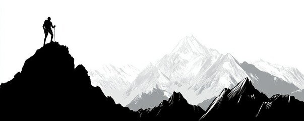 Silhouette of male hiker on mountain peak with snowy mountain range in background