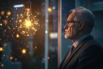 Fototapeta premium An elderly businessman contemplates a glowing lightbulb, symbolizing innovative ideas and future prospects.