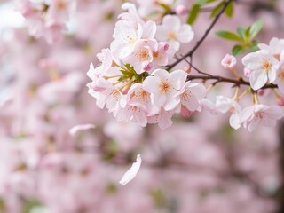 Fototapeta premium Pink sakura petals gently fall against a soft pastel background, beauty, season