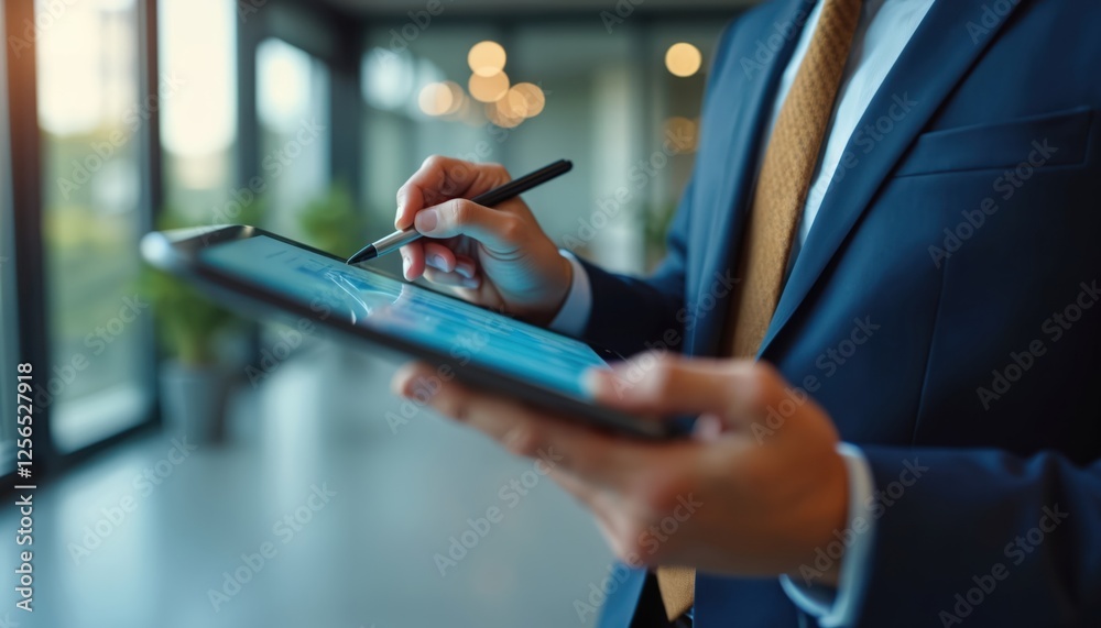 Poster close-up of business pro analyzing data on tablet with stylus in modern office. man wears suit. conc