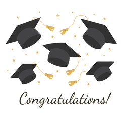 Congratulations on your graduation. Graduation caps with tassels in the air. Vector illustration