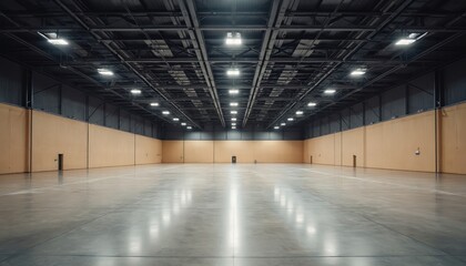 Vast empty convention hall with shiny concrete floor, beige walls. Modern architecture of exhibition center interior, design with perspective view of metal ceiling, bright lights. Commercial space