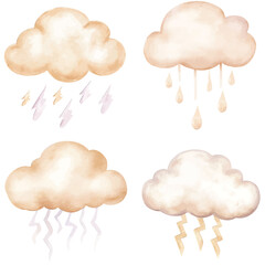 Bright blue cloud with lightning watercolor hand drawn set collection