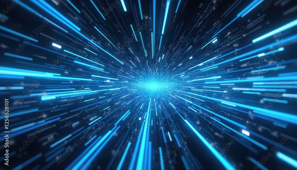 Aufkleber Futuristic illustration featuring high-speed blue light lines with glowing effects on black background. Dynamic design represents data transfer, tech innovation in cyberspace, hi-tech communication,