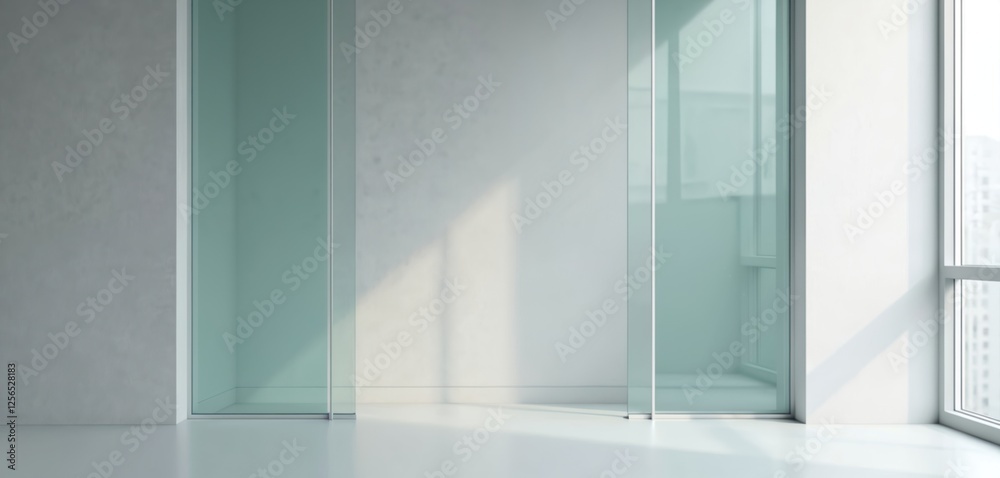 Aufkleber minimalist background with white walls, concrete wall texture and glass partition. clean spacious in