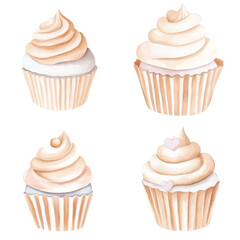 Bright blue cupcake watercolor hand drawn set collection