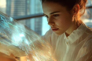 A young woman intently studies a holographic display filled with complex data, charts, and code.