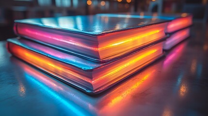 Stacked books, illuminated, modern, studio, lit