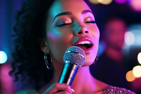 African female singer performing on stage with vibrant lighting