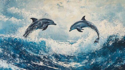 Oceanic Dance: Two Dolphins Leap Through Waves