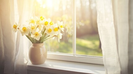 Sunny spring morning with vase of white and yellow daffodils on windowsill, celebrating spring equinox day