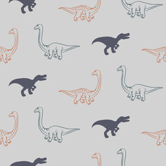 Dinosaur seamless pattern. Hand drawn vector dinosaurs for textile design. Neutral gray background Tyrannosaurus Rex, Stegosaurus, Brachiosaurus, Triceratops outline animals for boys and teens