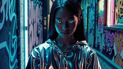Metaverse avatar, a young woman with glowing eyes, wearing a silver jacket, stands in a graffiti-covered alley, illuminated by neon lights, exuding a futuristic, cyberpunk vibe