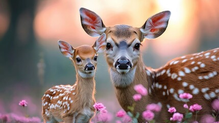 White-tailed deer doe and fawn in sunset meadow