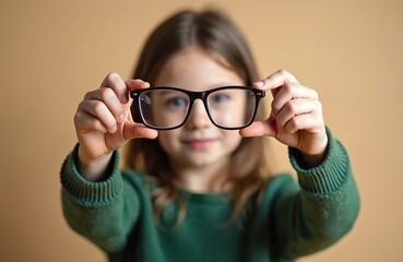 Little girl holds glasses. Poor vision, eyesight concept. Child with bad sight, myopia. Female holds framed eyewear in hands. Vision problem, optical trouble, blurred look, reading difficulties.