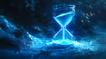 Magical hourglass frozen in time captivating the senses with its sparkling blue glow and suspended sand evoking a sense of the mystical and ethereal a timeless. Frozen Time. Illustration