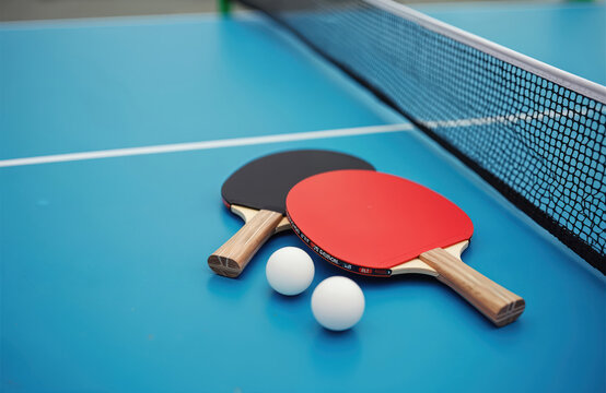 Two ping pong rackets with balls on blue table near net. Red, black paddles on table tennis background. Sport concept, pingpong game indoors, fun activity, fitness lifestyle.