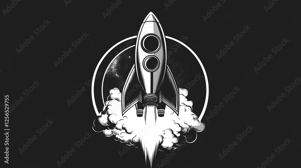 Poster spaceship icon with space rocket start launch for business and technology, vector emblem. spaceship 