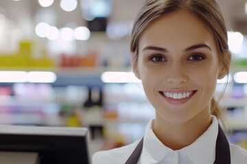 Smiling young caucasian female cashier in retail environment with blurred background