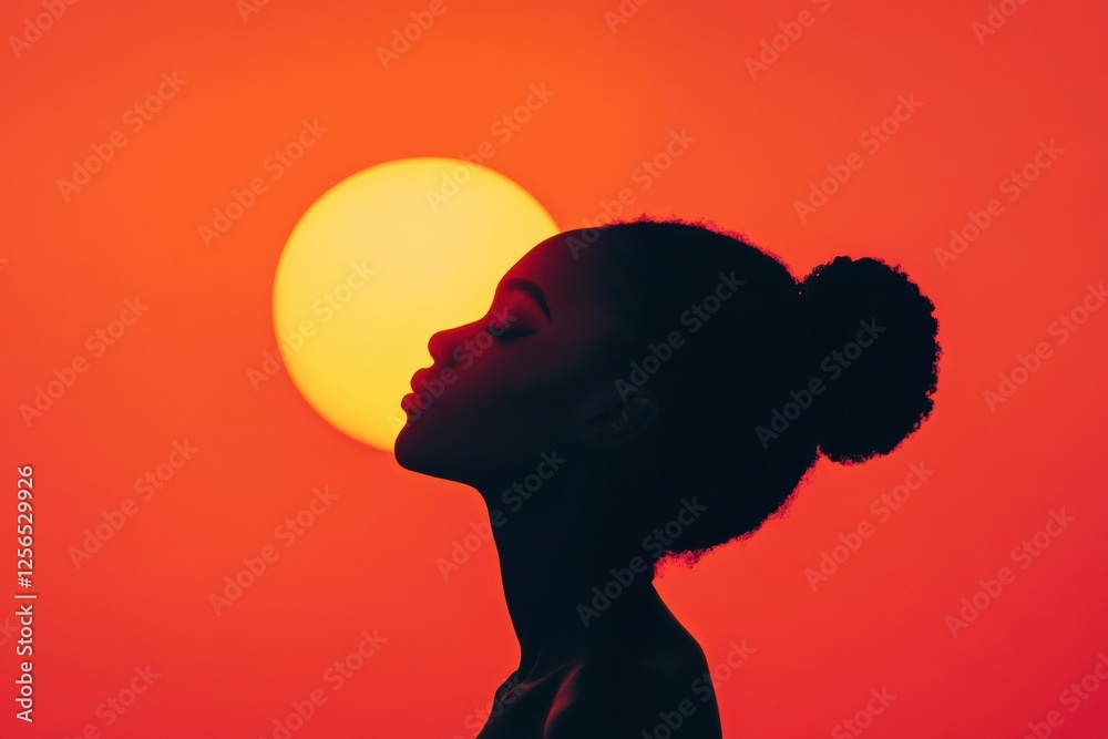Aufkleber Silhouette of a model at sunset with warm glowing light and minimalist style. Generative AI